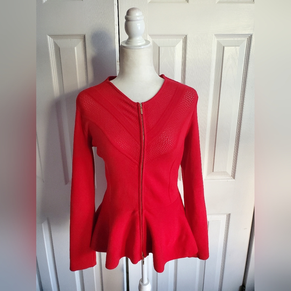 Escada Double Gold Zip Front Peplum Perforated Bodice Chevron Knit Sweater
